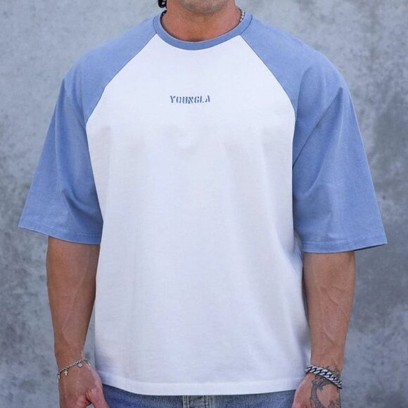 YoungLA 4139 - Oversized Baseball Tees (X-Large/White and Light Blue) - Picture 1 of 4
